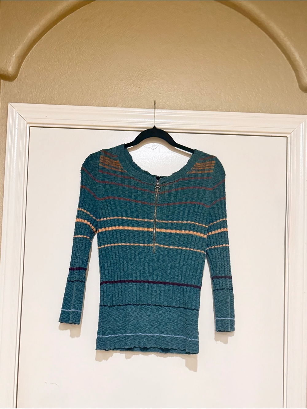 Free People Teal Striped Half-Zip Sweater